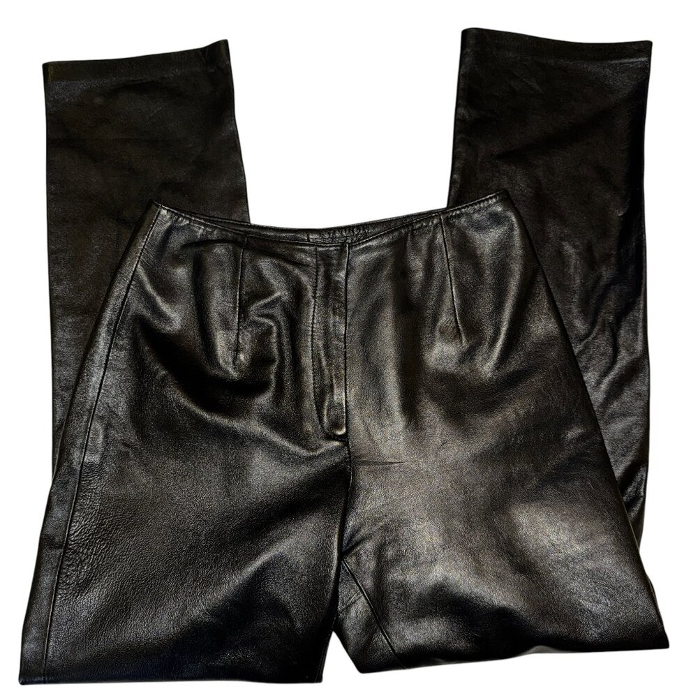 Vintage Yvonne Marie Black Leather Pants | Flat Front | Straight Leg | Size 4 - Picture 1 of 10